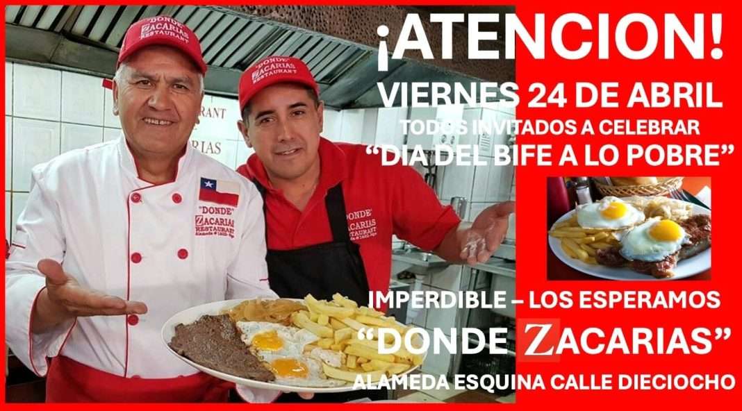 Plato de Bife a lo Pobre tradicional chileno servido en el Restaurante Donde Zacarías en Santiago.